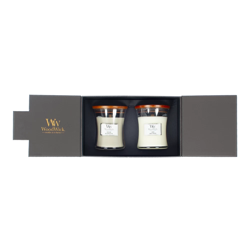 Woodwick Deluxe Gift Set Medium Candles Fireside & Linen - Geurkaars 3 Woodwick Deluxe Gift Set Medium Candles Fireside & Linen - Geurkaars